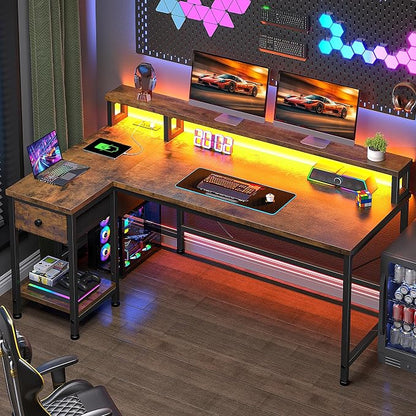 DurayLoly 48" L- Shaped Computer Desk with LED Light and Power Outlet, Reversible Home Office Desk With Drawer and Shelf, Gaming Desk with Monitor Stand for Gamer, Student, Bedroom, Small Space, Brown
