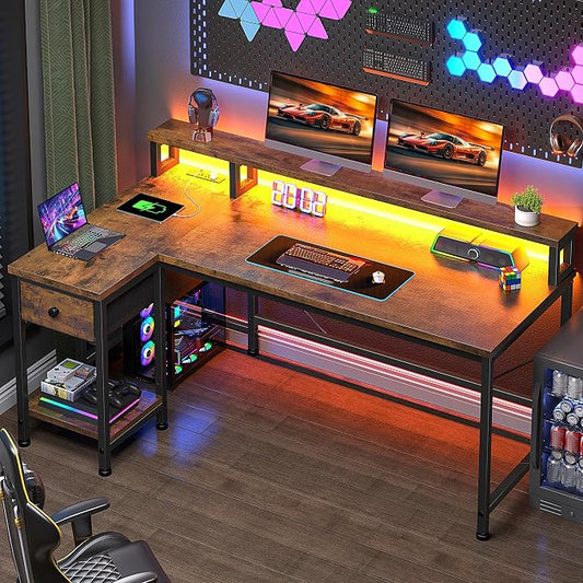 DurayLoly 48" L- Shaped Computer Desk with LED Light and Power Outlet, Reversible Home Office Desk With Drawer and Shelf, Gaming Desk with Monitor Stand for Gamer, Student, Bedroom, Small Space, Brown