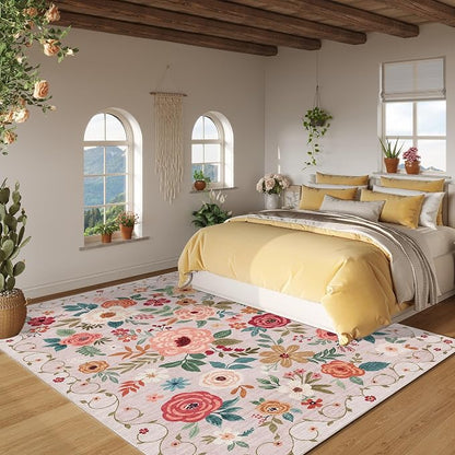 DUKINO 6x9 Area Rug, Floral Rugs for Living Room, Lightweight Non Slip Washable Rug, Indoor Low Pile & Non-Shedding Boho Design Rugs for Bedroom, Living Room, Dining Room, Beige