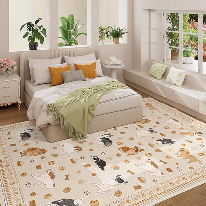 DUKINO 8x10 Area Rug, Non Slip Washable Animal Dog Rug for Living Room, Stain Resistant & Low Pile Indoor Floor Large Carpet for Bedroom, Farmhouse, Nursery, Dining Room, Kids Playroom, Beige Yellow