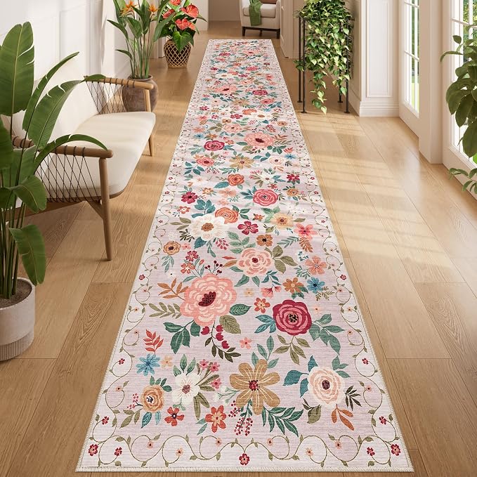 DUKINO 2.6x14 Kitchen Runner Rug, Lightweight Floral Washable Rug for Hallway, Boho Low Pile & Non Slip Backing Soft Floor Carpet for Entryway, Bedroom, Bathroom, Laundry, Beige