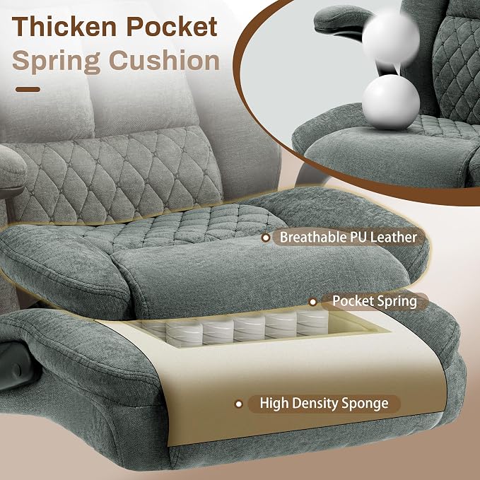 Massage Office Chair,500LBS Ergonomic Rocking Executive Desk Chairs with 4 Points Vibration&Heat,Padded Flipup Armrests for Big and Tall Office Chair,Swivel Computer Chair Fabric DarkGreen