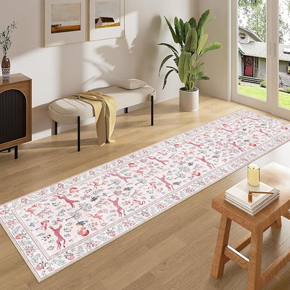DUKINO Runner Rug, 2x8 Washable Kitchen Rugs for Hallways with Non Slip Backing, Soft Low Pile Vintage Animal Runner for Kitchen, Hallway, Entryway, Laundry, Bedroom, Pink