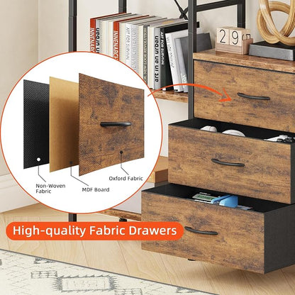 AFLUI Triple Bookshelf with 3 Fabric Drawers, 5-Tier Book Shelf and 10 Display Shelves, Industrial Large Bookcase for Home & Office, Rustic Brown, 47'' Wide