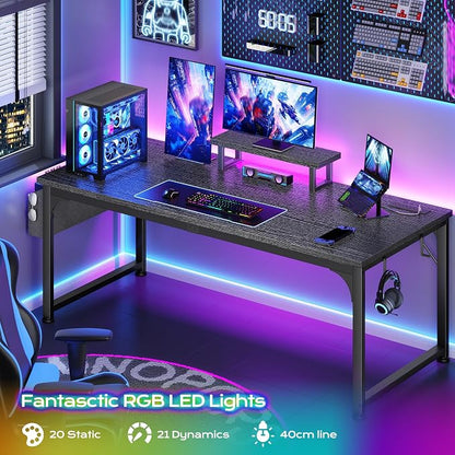 DurayLoly 47 x 24 inch Desk, 24mm Thick Heavy Duty Gaming Desk with RGB LED & Power Outlets, Detachable Stand, Hooks & Storage Bag, 110LBS Capacity, Home Office Computer Desk, Black