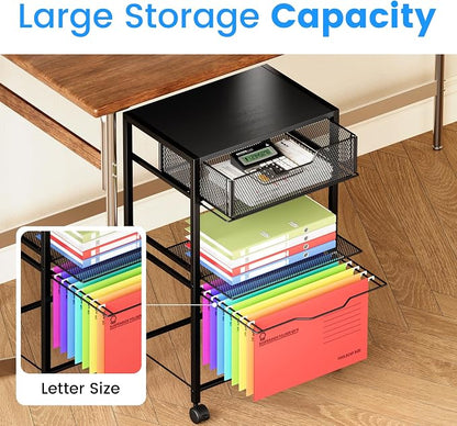 Cawukege 3 Tier Printer Stand, Mobile Table with Wheels, Printer Shelf Rolling Cart with Storage Desk Organizer Hanging File for Office Home, Black