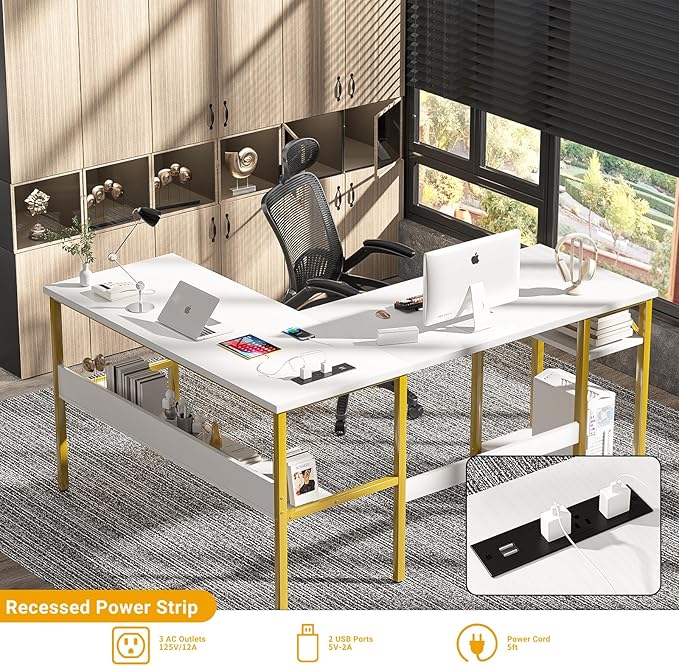 Unikito Reversible L Shaped Desk with Magic Power Outlets and USB Charging Ports, Sturdy Corner Computer Desk with Storage Shelves, Gaming Table Home Office Desk, Easy to Assemble, White and Gold