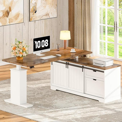 Whalefall 55" Farmhouse L Shaped Standing Desk with Storage Drawers, White | Home Office Electric Remote Work Desk with Cable Management and Deep Filing Cabinet Height Adjustable Corner Desk for Gaming