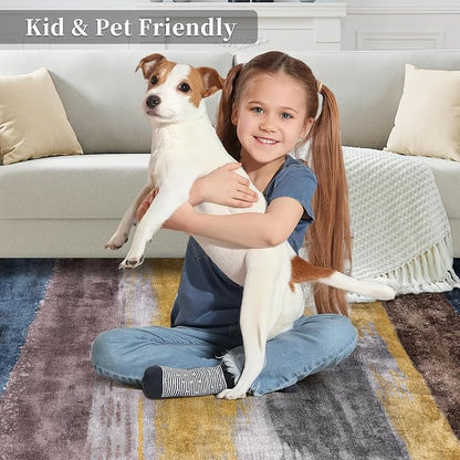 Ciicool 8ft Round Washable Rug, Modern Abstract Circle Rugs, Non-Slip Thin Lightweight Rug Yellow Grey Circular Print Distressed Carpet for Bedroom Living Room Under Dining Table Home Office Decor