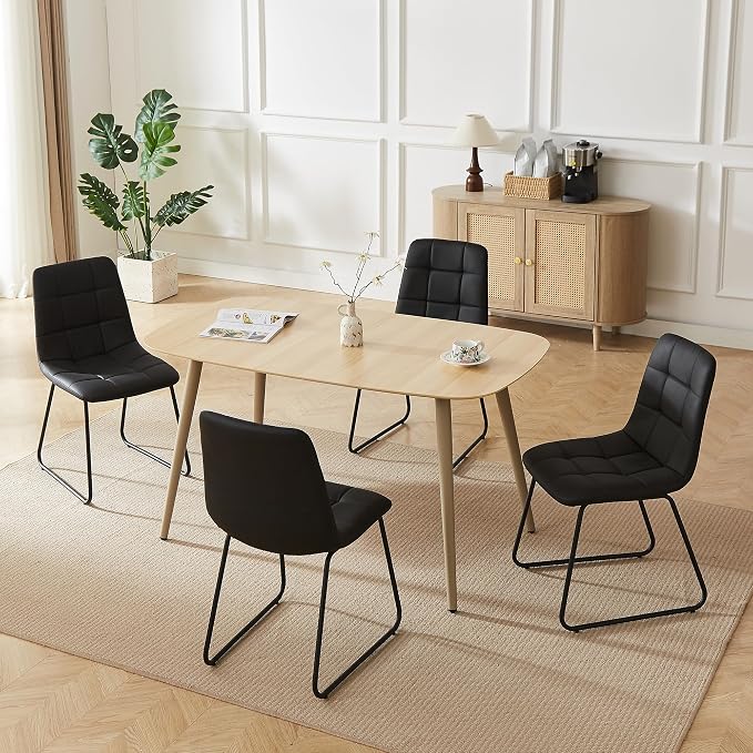 HIPIHOM 55 Inch Modern Wood Dining Table Set for 4 with Black Leather Chairs - Kitchen & Dining Room Furniture, Gray Table & 4 Seater Chairs Set (55.1")