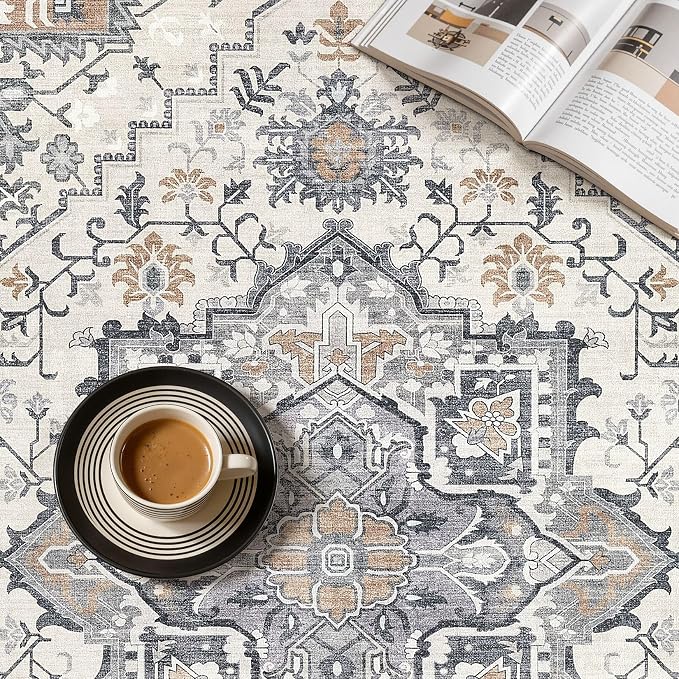 UERMEI 10x14 Area Rug Living Room Rugs - Washable Vintage Soft Large Rug Indoor Floor No Slip Rug Carpet for Bedroom Farmhouse Under Dining Table Home Office Decor - Grey-Orange