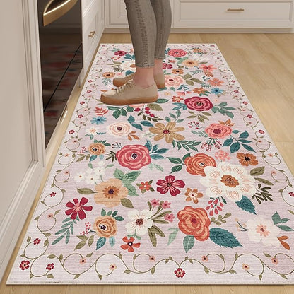 DUKINO 3x6 Runner Rug, Washable Soft Floral Hallway Runner Rug with Non Slip, Low Pile Thin Floor Carpet for Kitchen, Bathroom, Entryway, Laundry, Entryway, Beige