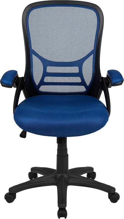 Flash Furniture Porter High-Back Swivel Office Chair with Adjustable Lumbar Support and Seat Height, Ergonomic Mesh Desk Chair with Flip-Up Armrests, Blue/Black