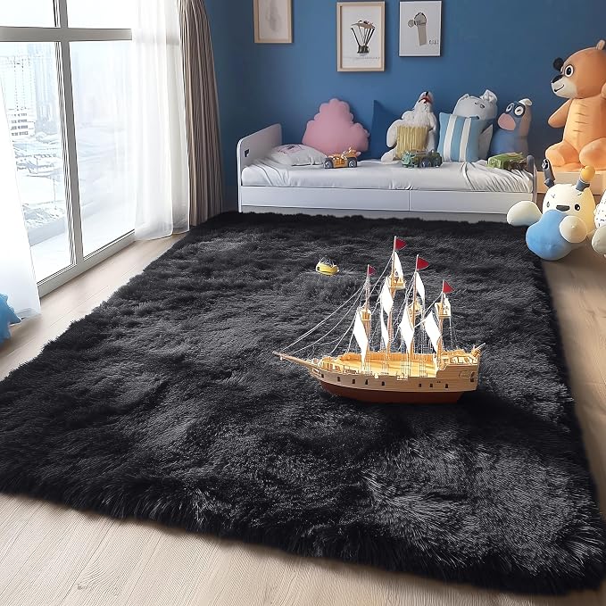 OLANLY 5x12 Machine Washable Large Area Rugs for Living Room, Bedroom, Soft Fluffy Shaggy Bedside Rug, Indoor Floor Carpet for Kids Girls and Boys, Dorms, Nursery, Home Decor Aesthetic, Black