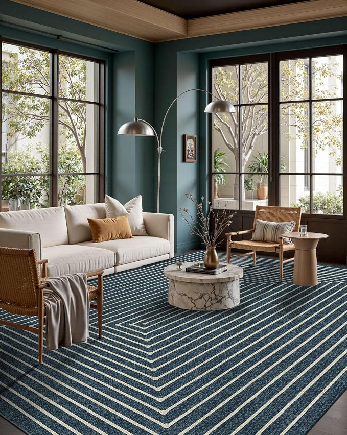 Latte&Fog 6x9 Area Rugs for Living Room Bedroom, Blue Modern Abstract Washable Rug, Boho Non Slip Low Pile Carpet for Indoor Dining Room, Dorm, Classroom, College Dorm, Farmhouse and Kids Room - Blue