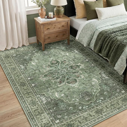 RELEANY Area Rugs 5'x8' Washable Non-Slip, Floral Vintage Distress Medallion Carpet for Living Room Bedroom Dining Room, Dark Green Gray