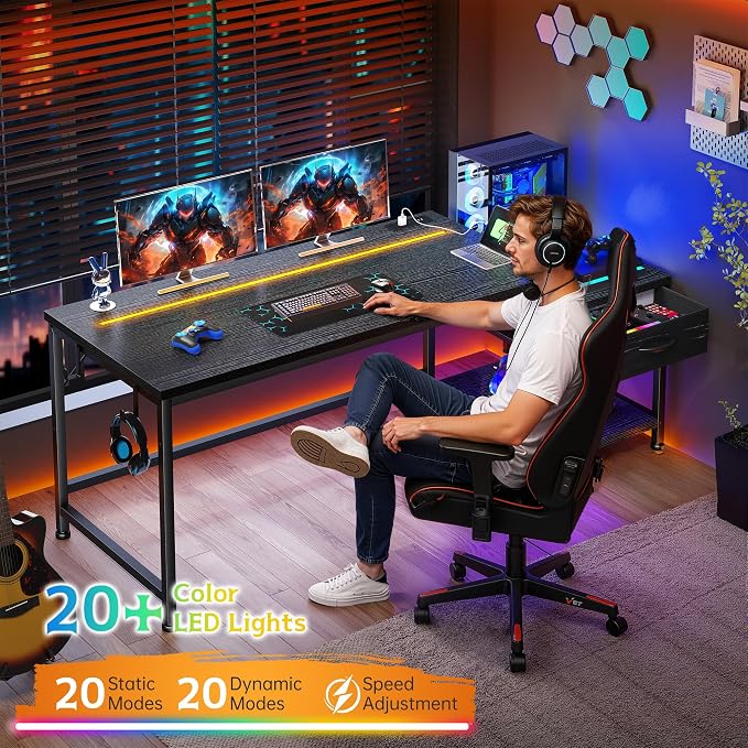 56 Inch Gaming Desk with Printer Shelf and LED Lights,Reversible Computer Desk with Drawers and Power Outlets,Study Table with Hooks for Headphone,Bags,Black Desk Work Desk for Teen Bedroom,Dorm
