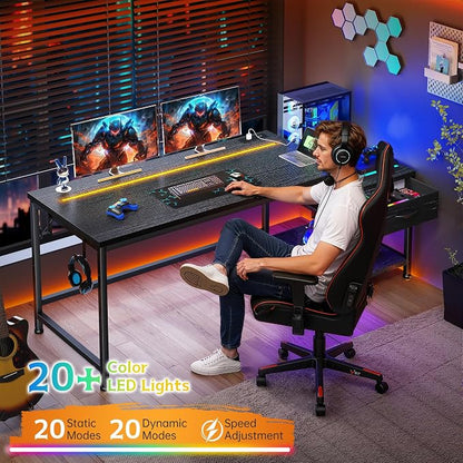 56 Inch Gaming Desk with Printer Shelf and LED Lights,Reversible Computer Desk with Drawers and Power Outlets,Study Table with Hooks for Headphone,Bags,Black Desk Work Desk for Teen Bedroom,Dorm