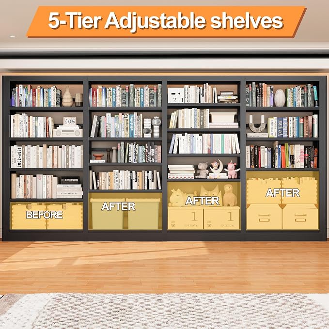 5-Tier Industrial Bookshelf, White Bookcases and Bookshelves, Tall Storage Organizer, Freestanding for Living Room, Bedroom, Home Office, Metal (Black, Bookshelf-4)
