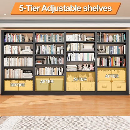 5-Tier Industrial Bookshelf, White Bookcases and Bookshelves, Tall Storage Organizer, Freestanding for Living Room, Bedroom, Home Office, Metal (Black, Bookshelf-4)