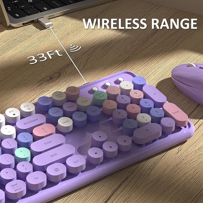 Links9+ Wireless Keyboard and Mouse, Full-Size Retro Typewriter Keyboard with Round Keycaps, 2.4GHz for Windows, Mac, Laptop, PC, Desktop (Purple Colorful)