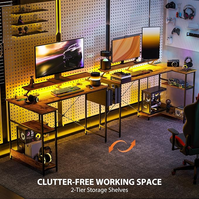 HOMCOM 58" L Shaped Gaming Desk with Power Outlets and LED Lights, Reversible Computer Desk with Monitor Stand, Fabric Storage Bag, Cable Management, for Home Office, Rustic Brown