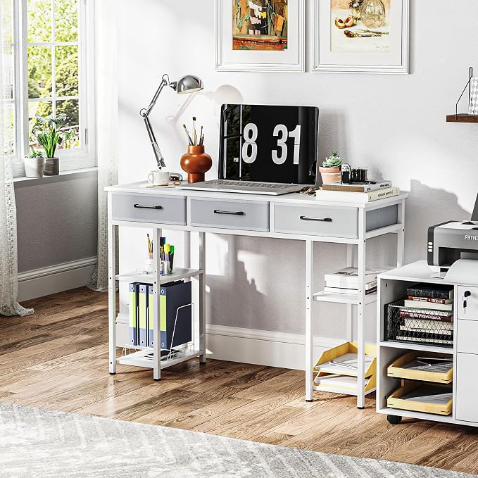 HOMCOM 47" Computer Desk with 3 Fabric Drawers, Home Office Desk with Adjustable Shelves, Small Writing Desk with Storage, White