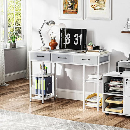 HOMCOM 47" Computer Desk with 3 Fabric Drawers, Home Office Desk with Adjustable Shelves, Small Writing Desk with Storage, White