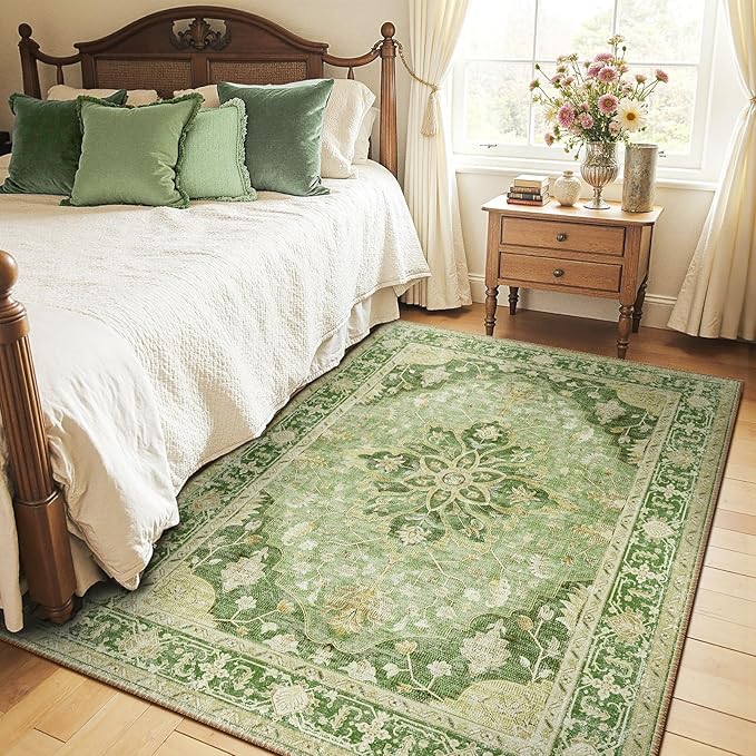 RELEANY Area Rugs 5'x7' Washable Non-Slip, Floral Vintage Distress Medallion Carpet for Living Room Bedroom Dining Room, Sage Green Yellow