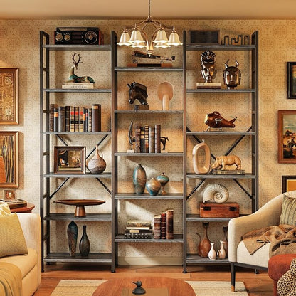 SUPERJARE Triple Bookshelf, Bookcase with 17 Open Display Shelves, Wide Book Shelf Book Case for Home & Office, 6 Tier, Grey