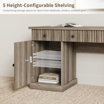Garvee 60" Office Desk with Storage & Drawers, Fluted Wood Executive Desk with File Drawer & Charging Station, Modern Computer Desk with Adjustable Shelves for Home Office, Grey
