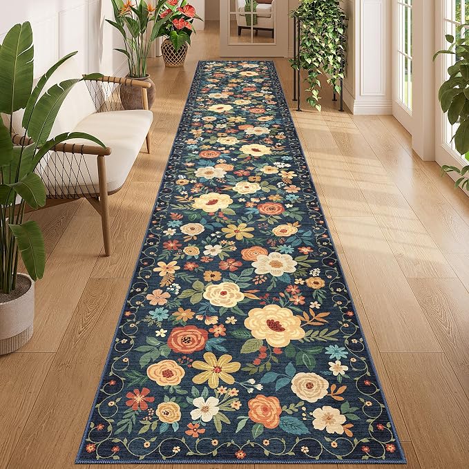 DUKINO 2x12 Washable Runner Rug, Ultra Soft Floral Runner Rug for Hallway, Boho Non Slip & Non Shedding Indoor Entryway Carpet for Kitchen, Laundry Room, Bathroom, Bedroom, Entrance, Navy Blue