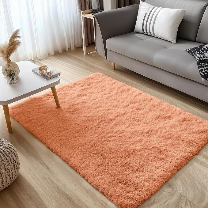 OLANLY 3x5 Machine Washable Small Bedside Rug, Soft Fluffy Shaggy Rugs for Living Room, Bedroom, Indoor Floor Carpet for Kids Girls and Boys, Preppy Dorms, Nursery, Home Decor Aesthetic, Muted Orange