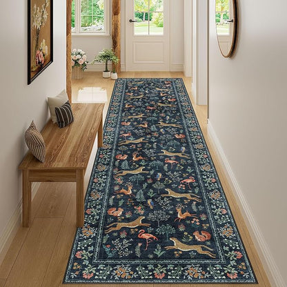 DUKINO Washable 2.6x10 Runner Rug, Non Slip Animal Print Runner Rug for Hallway, Vintage Low Pile & Stain Resistant Soft Indoor Carpet Runner for Kitchen, Bathroom, Laundry, Bedroom, Navy Blue