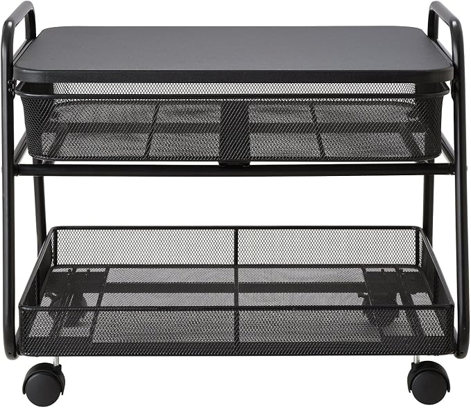 Safco 5208BL Onyx Under-Desk Rolling Machine Stand, Black, 21"W x 16"D x 17.5"H for Printer and Fax Machines With Basket and Drawer Storage. Perfect for Home, Office and Classrooms