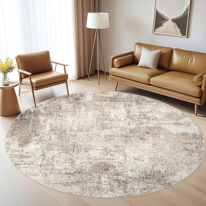 5ft Round Rug Living Room Rugs: 5x5 Washable Circle Abstract Modern Soft Stain Resistant Non-Slip Indoor Floor Carpet for Bedroom Nursery Office Dining Room Playroom Home House- Beige Brown