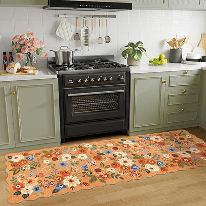 DUKINO 2x6 Runner Rug for Hallway, Washable Kitchen Rug with Non Slip Backing & Non-Shediing, Soft Low Pile Floral Design Runner for Bedroom, Kithchen, Living Room, Laundry, Bathroom, Orange