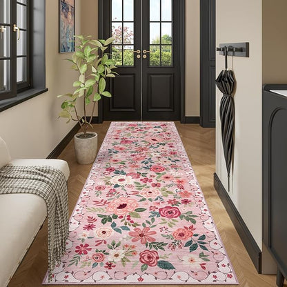 DUKINO 3x10 Runner Rug for Hallway, Washable Kitchen Floral Runner Rug with Non Slip Backing, Low Pile Soft Boho Carpet for Kitchen, Hallway, Entryway, Laundry, Bedroom, Pink