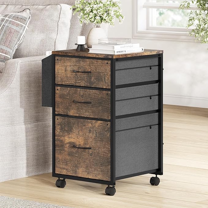 VINGLI 3 Drawer File Cabinet with Side Bag, Rolling File Cabinet Mobile Under Desk File Cabinet with Wheels, Fabric Drawers Printer Stand for Home Office, Fits Letter Size, Rustic Brown