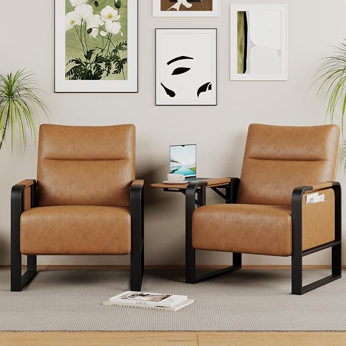 Upholstered Living Room Chair Armchair Set of 2, Mid Century Faux Leather Metal Accent Chair, Reception Couch Office Guest Chair Slipper Club Lounge Single Sofa with Sidetable for Bedroom-Light Brown