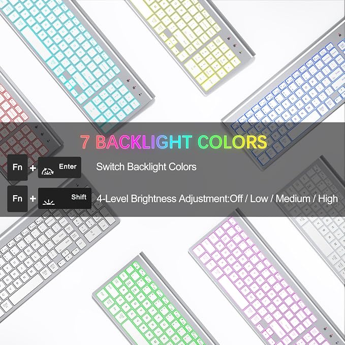 Wireless Backlit Keyboard and Mouse Ultra Slim Combo, TopMate 2.4G Silent Compact 2400DPI Mouse and Scissor Switch Keyboard Set, Batteries Included, for PC/Laptop/Windows/Mac/Gaming - BL Silver White
