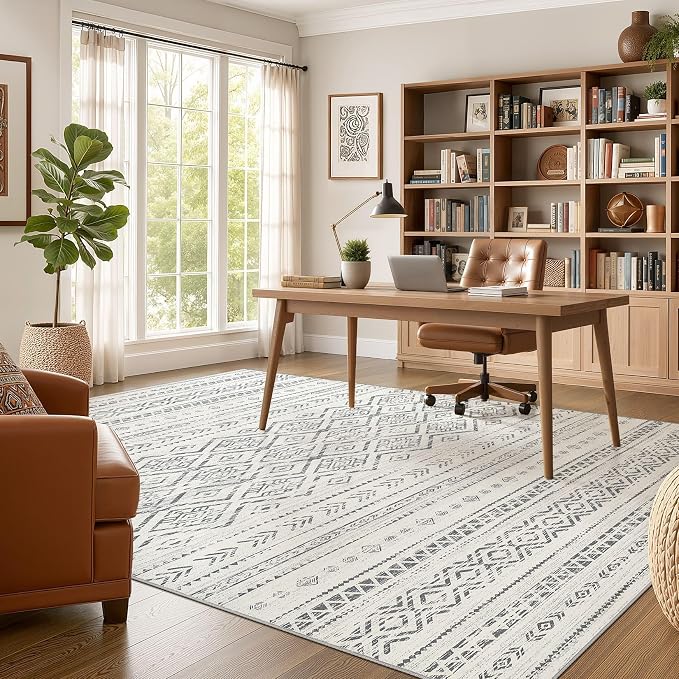 Nakagishi Area Rug Living Room Rugs: 6x9 Large Soft Machine Washable Boho Moroccan FarmNeutral Stain Resistant Indoor Floor Carpet for Bedroom Under Dining Table Home Office Decor-Grey
