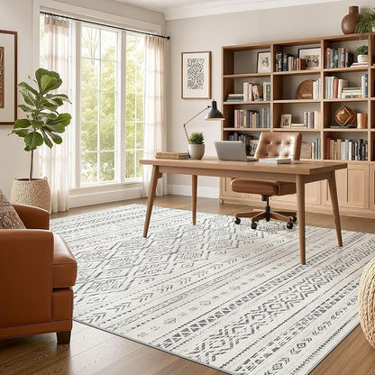 Nakagishi Area Rug Living Room Rugs: 9x12 Large Soft Machine Washable Boho Moroccan FarmNeutral Stain Resistant Indoor Floor Carpet for Bedroom Under Dining Table Home Office Decor-Grey