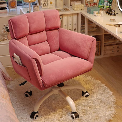 DurayLoly Home Office Chair with Wheels Soft-Touch Material,Modern Cute Vanity Chair with Back Adjustable Height Upholstered Comfy Desk Chairs with Side Pockets for Bedroom,Pink