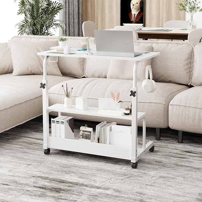 VINGLI 31.5" Mobile Small Standing Desk, Adjustable Height Mobile Computer Desk, w/2 AC Outlets + 3 USB Ports & Hooks, Storage Shelves, Suitable for Gaming, Studying, Home Office, White