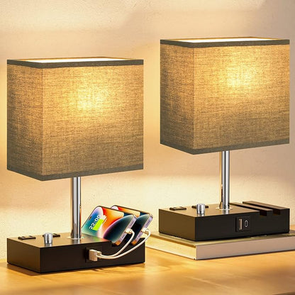 Fully Dimmable Bedside Lamps for Bedroom with USB C Ports, Kakanuo Black USB Table Lamp Set of 2, Wooden Desk Lamp with 2 Charging Outlets and Phone Stand for Nightstand and Living Room, Bulb Included
