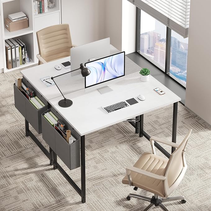 OLIXIS Computer Desk, 44 Inch Home Office Desks for Small Spaces, Writing Craft Study Gaming Table for Bedroom, Modern Computer Workstation with Storage Bag, White