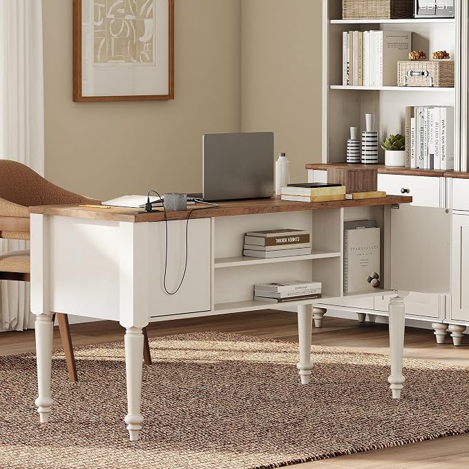 WAMPAT Home Office Furniture Set, 56" Executive Desk with Charging Station, 2-in-1 Cabinet with 4 Doors and 2 Drawers, Wood Computer Desk with File Cabinet Storage, Open Shelf, White
