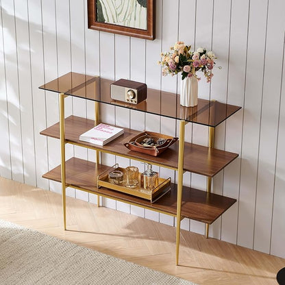 LumFurn Glass Console Table for Living Room, Foyer & Entryway, L41 x W14 x H31 Inch, 3-Tier Mid-Century Modern Sofa Table with Amber Glass Top, Walnut Finish Wood Shelf and Gold Finish Frame