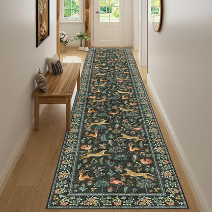 DUKINO 2.6x14 Hallway Runner Rug, Vintage Washable Long Kitchen Rug with Non Slip Backing, Stain Resistant & Low Pile Animal Print Floor Carpet for Indoor Entrance Bathroom, Laundry, Bedroom, Black